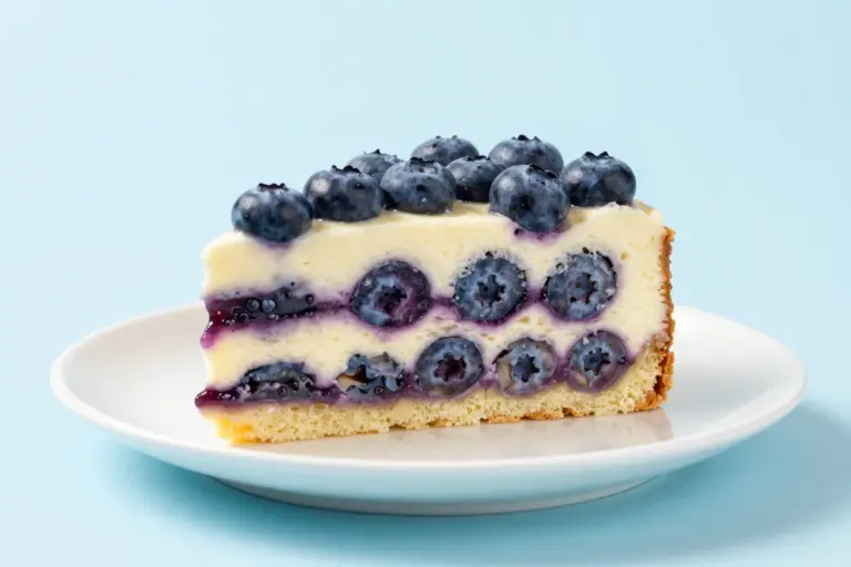 A chilled Nova Scotia blueberry cream cake wedge shows blueberries, sour-cream custard, and a golden pressed base.