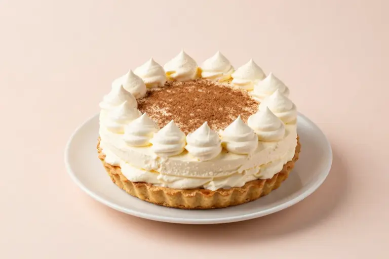 Oatmeal cream pie cake with vanilla marshmallow buttercream and cinnamon on a white ceramic plate.