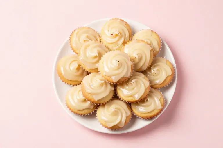 Small vanilla patty cakes in white paper cases with pale glacé icing and sprinkles
