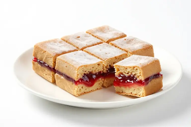 Peanut butter jelly cake squares with frosting and a visible strawberry jam ribbon on a white plate.