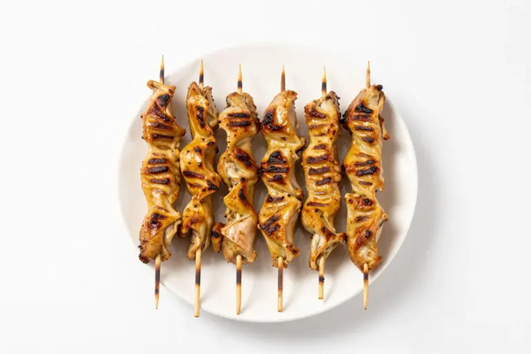 Eight Persian chicken koobideh kebabs arranged on a white ceramic plate against a seamless white background