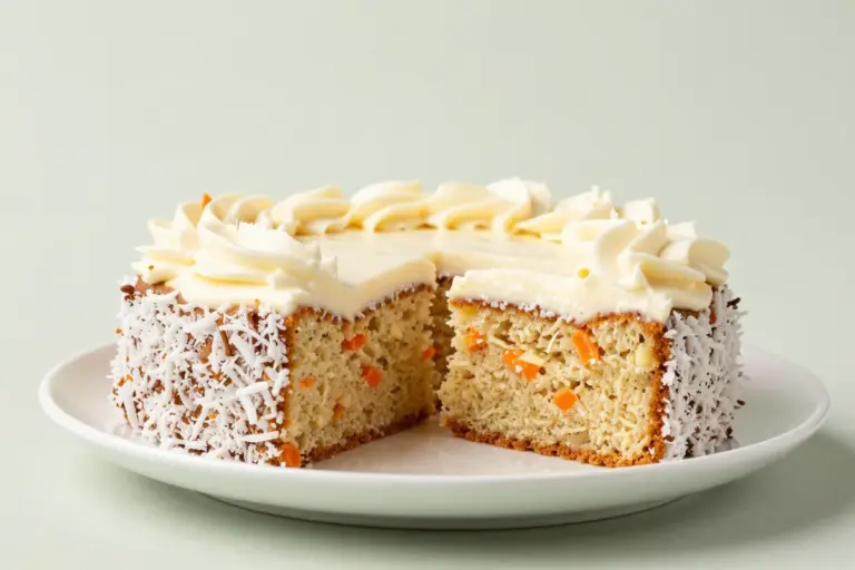 Pineapple coconut carrot cake squares with cream cheese frosting reveal a moist, speckled crumb on a white plate.