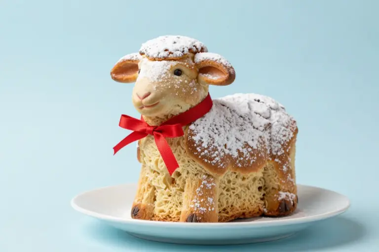 Easter lamb cake dusted with powdered sugar on a white plate against a pastel-blue background