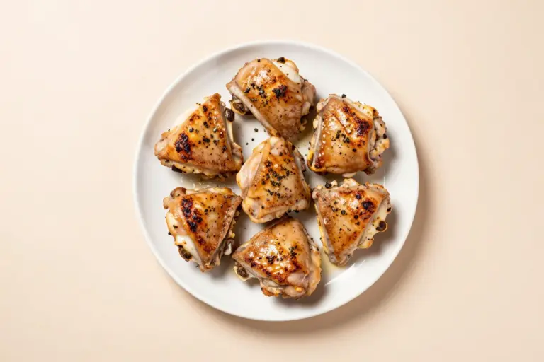 Six golden-brown boneless chicken thighs with garlic and oregano flecks on a white plate.