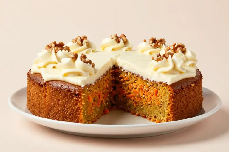 A frosted pumpkin carrot cake cut into squares with cream cheese frosting, grated carrot, and toasted walnuts