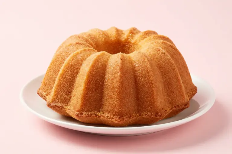 Golden-brown vanilla pound cake with ridged grooves on a white ceramic plate.
