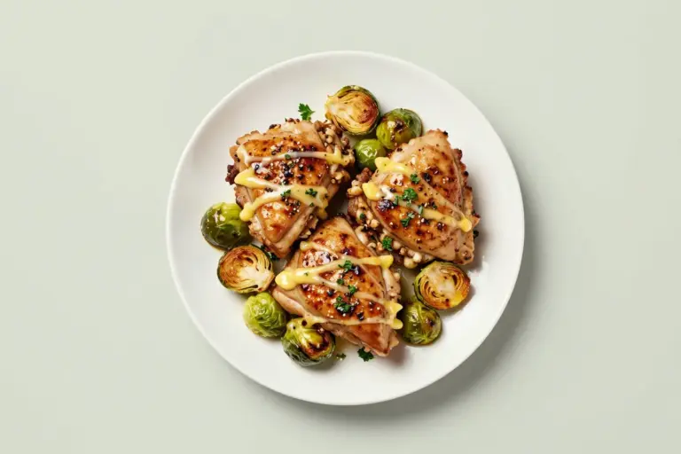 Roasted garlic-thyme chicken thighs and deeply caramelized Brussels sprouts with lemon-Dijon drizzle on a white plate.