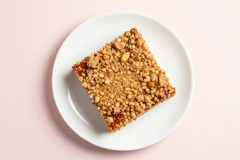 Shoofly cake square on a white ceramic plate with a pebbly amber molasses crumb topping