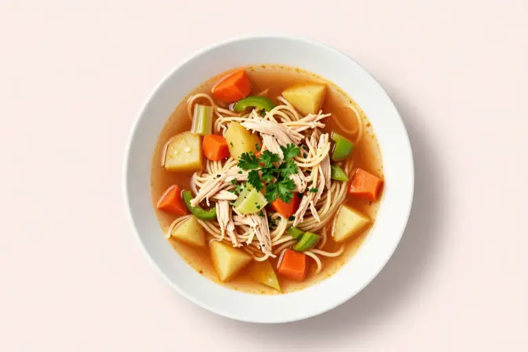 Overhead bowl of shredded chicken soup with ditalini, potatoes, carrots, celery, bell pepper, and parsley
