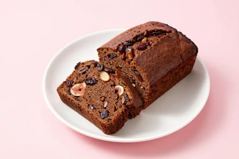 Sliced coffee fruit cake loaf showing raisins, dates, and figs in a dense brown crumb on a white plate.