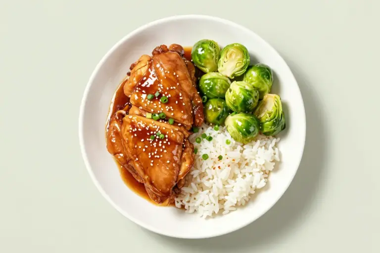 Soy-ginger honey chicken thighs with Brussels sprouts over white rice, topped with scallions and sesame seeds