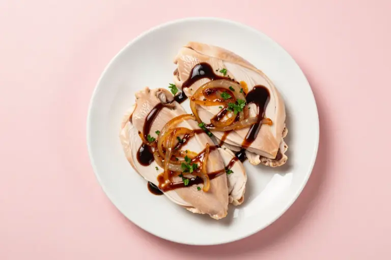 Sliced balsamic chicken thighs on a white plate with caramelized onions and chopped parsley