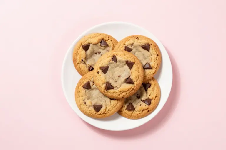 Stack of soft gluten-free chocolate chip cookies with crisp golden edges on a white ceramic plate.