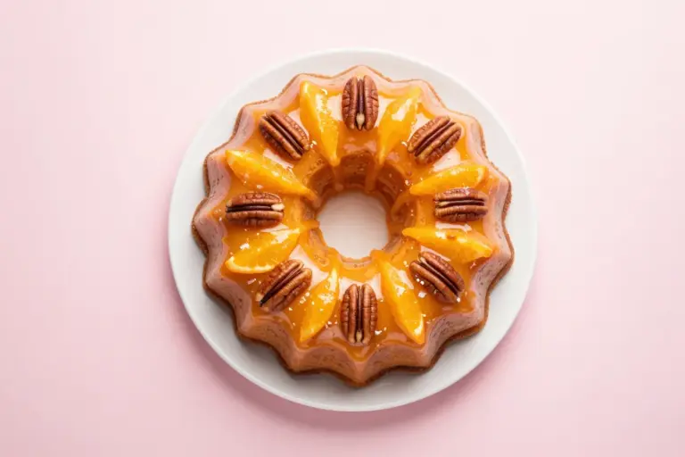 A glazed orange slice Bundt cake with visible orange candy, dates, pecans, and coconut on a white plate.