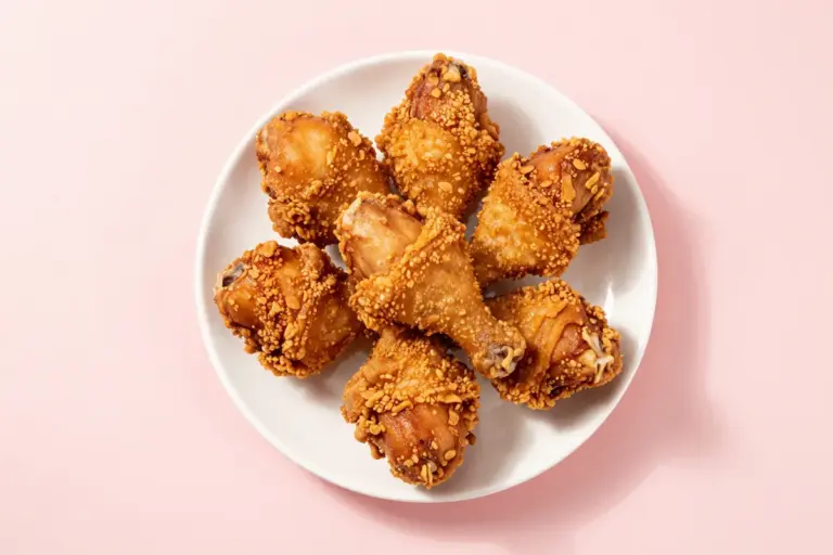 Golden-brown fried chicken thighs and drumsticks with a craggy paprika-flecked crust on a white plate.