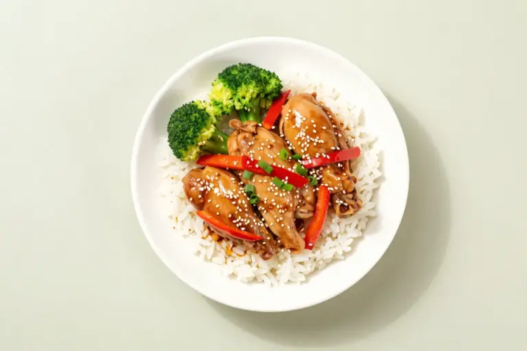 Soyaki chicken thighs over jasmine rice with broccoli, red pepper, sesame seeds, and scallions.