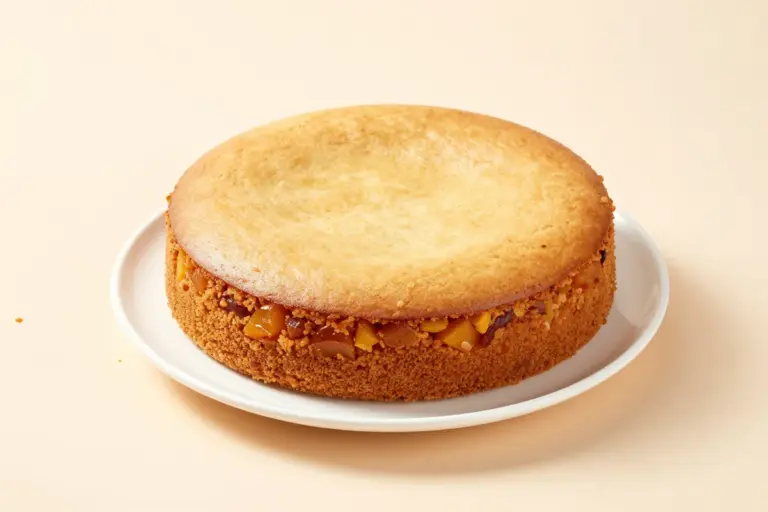 Whole quince cake with visible amber quince pieces on a white ceramic plate