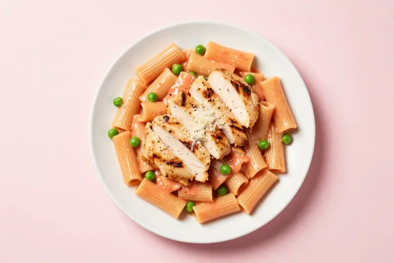 Spicy chicken rigatoni with peas, sliced grilled chicken, Parmesan, and glossy pink-orange rosa sauce on a white plate.