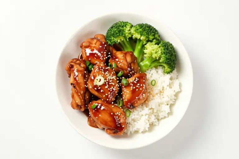 Spicy chicken teriyaki with glossy glazed chicken, white rice, broccoli, scallions, and sesame seeds on a white plate.