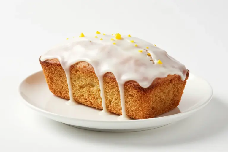 Whole sugar-free lemon loaf cake on a white plate with opaque icing and lemon zest flecks.