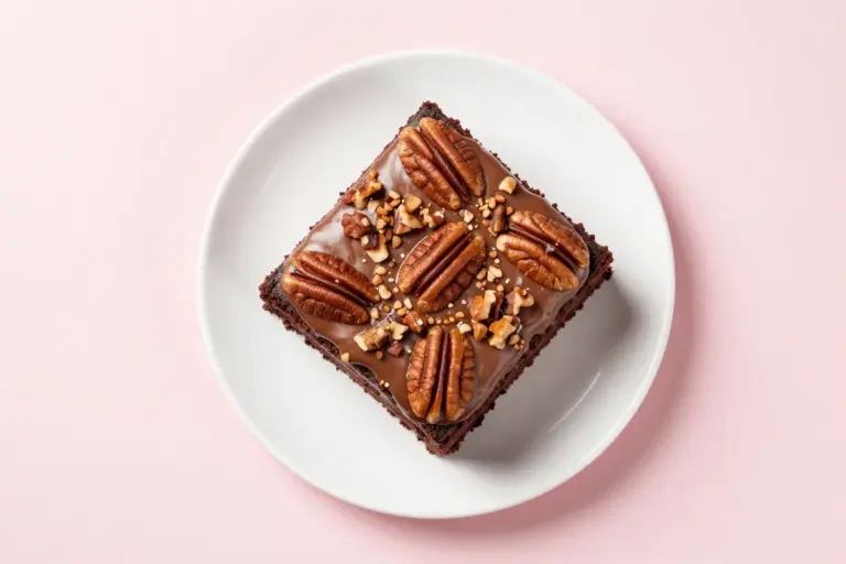 Square of Texas funeral cake with glossy fudge icing and finely chopped toasted pecans on a white plate.