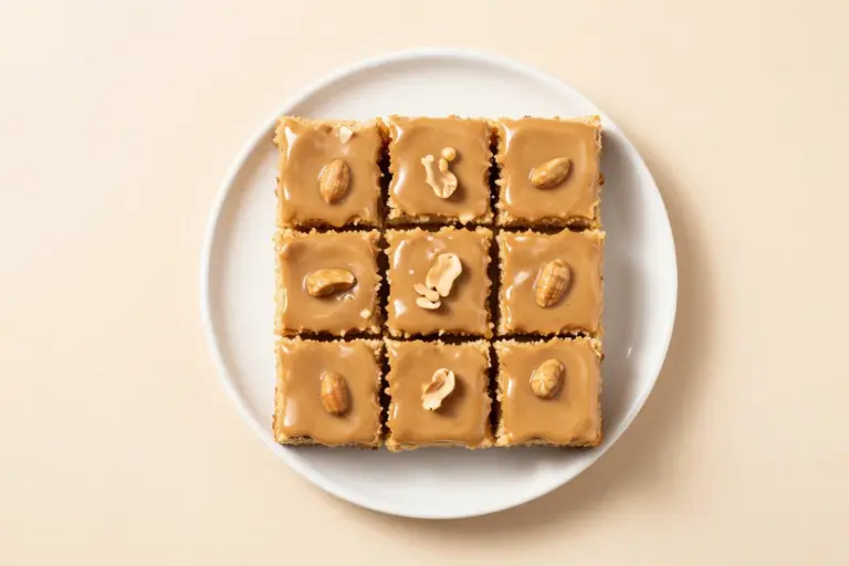 Cut squares of Texas peanut butter sheet cake with glossy icing and chopped roasted peanuts on a white plate.