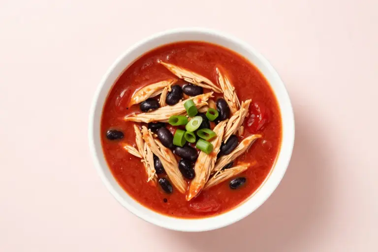 A white bowl holds tomato chicken chili with shredded chicken, whole black beans, and sliced scallions
