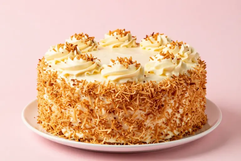 Towering six-round Charleston coconut cake coated in toasted golden coconut on a white ceramic plate.