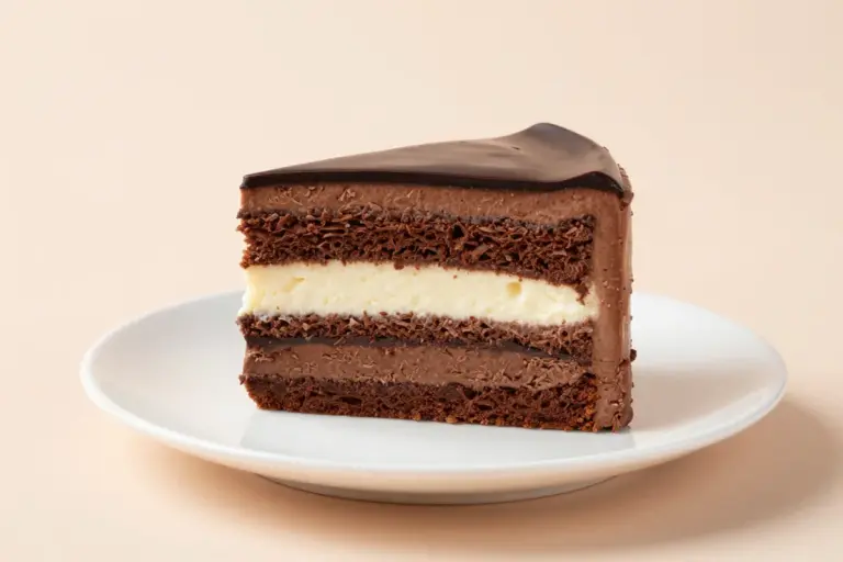 Sliced triple chocolate mousse cake showing dark, milk, and white mousse layers on a white plate.