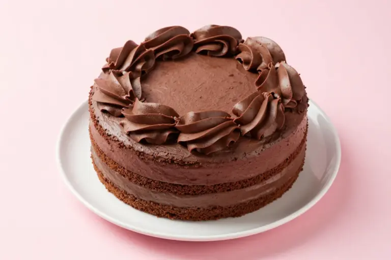 Two-layer chocolate cake with smooth chocolate buttercream on a white plate against a pale pink backdrop.