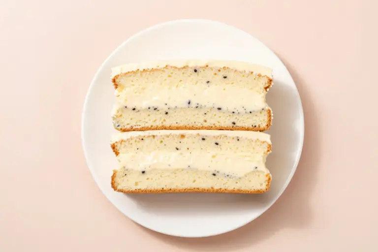 Sliced two-layer cake showing thick vanilla mousse filling with vanilla bean specks between pale sponge layers.