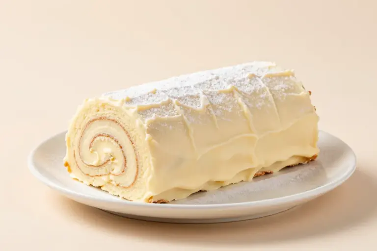 Vanilla yule log cake with bark-textured buttercream, powdered sugar, and a visible spiral on a white plate.