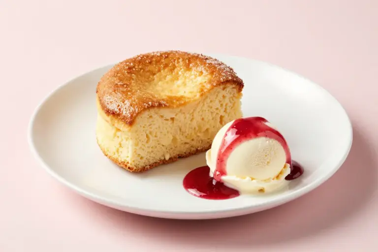 Individual warm butter cake with a crisp turbinado-sugar crust, vanilla ice cream, and raspberry sauce