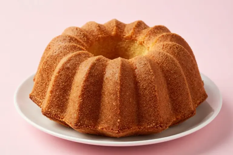 Whole whipping cream pound cake in a Bundt ring shape on a white ceramic plate