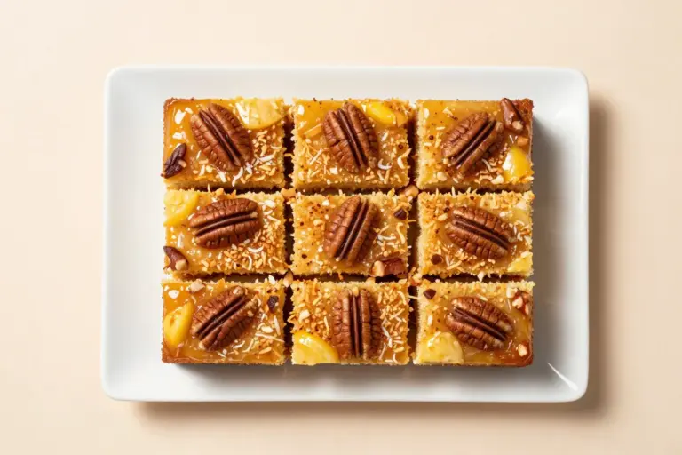 Yum yum cake squares with glossy coconut-pecan topping on a white rectangular plate